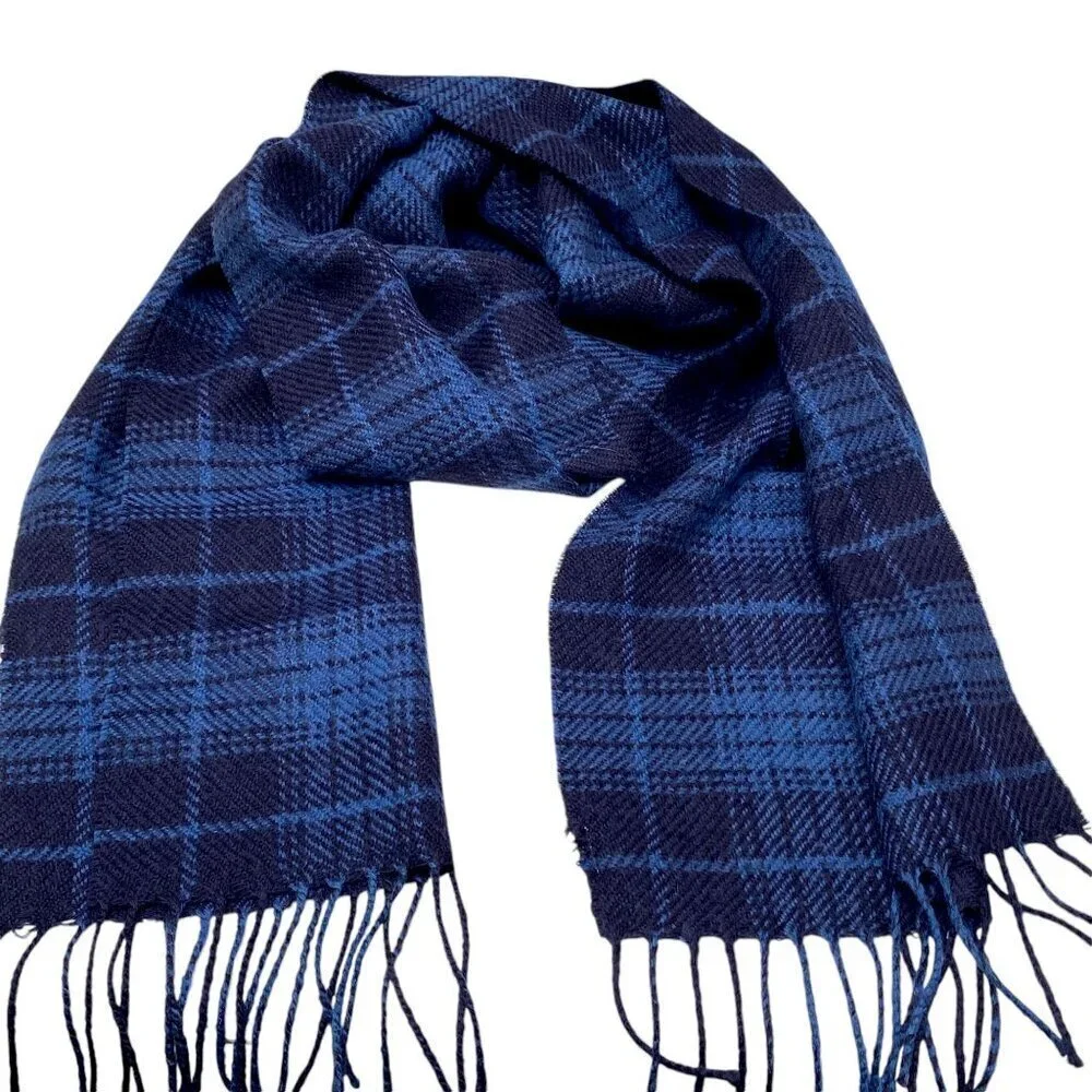 GAP Blue Plaid Scarf Acrylic Wool Blend Fringe Oblong Muffler 11.5x70